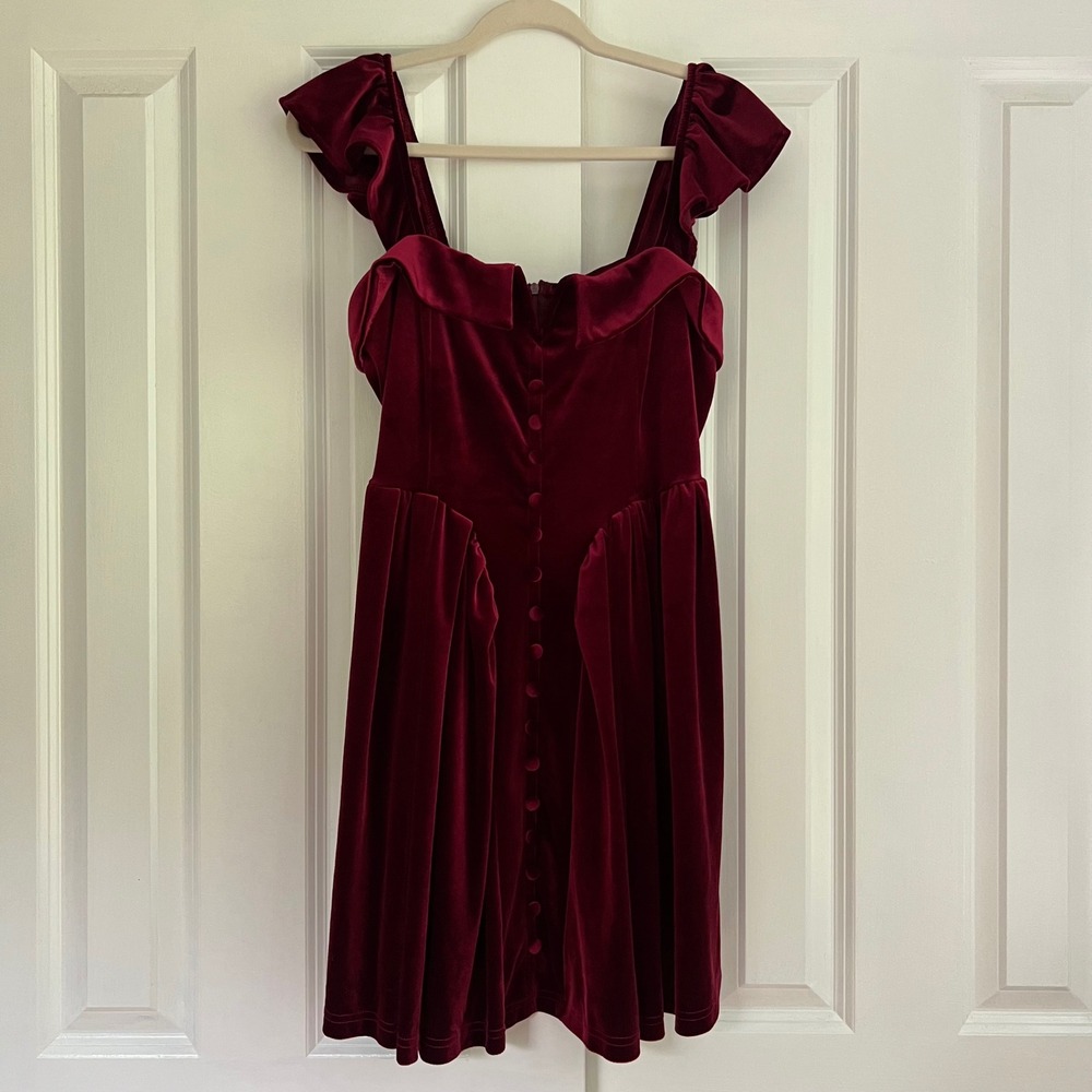 Burgundy Red Wine Velvet Regency Renaissance Gothic Fairycore Mini Dress Size M - Picture 2 of 7